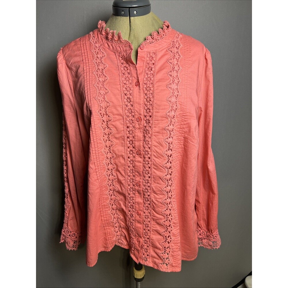 Talbots Women's Floral Ruffle Neck Blouse, Long Sleeve, Button-Up, Size XL